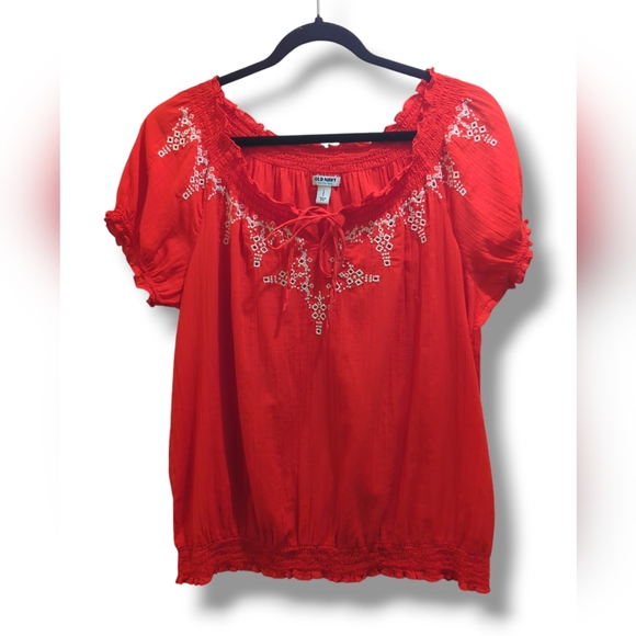 Old Navy Red Peaseant Blouse White Embroidery Short Puff Sleeve Tie Front- L - Picture 1 of 11